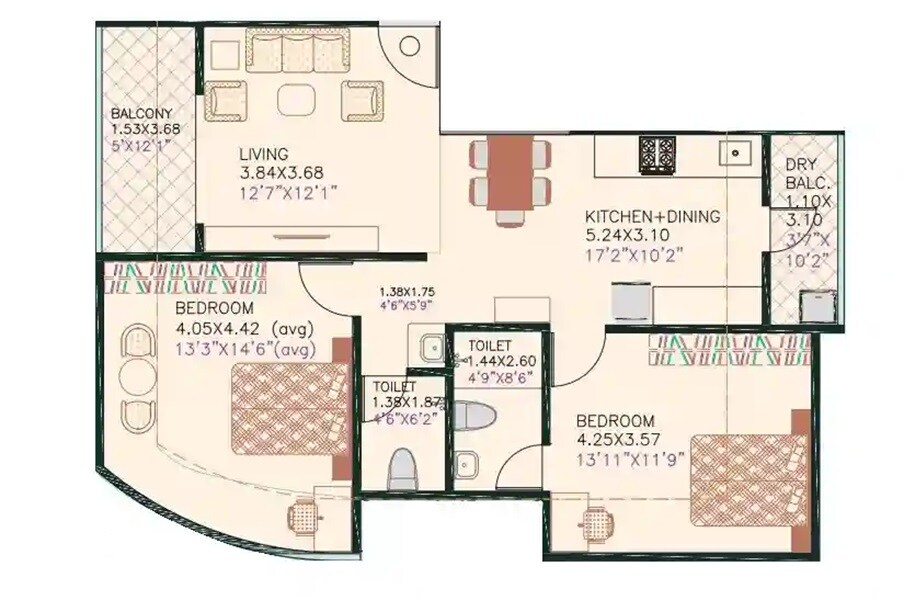 Floor plan of 2 BHK 908 Sq. Ft. Apartment in Panchtatva Vighnahar, Pune