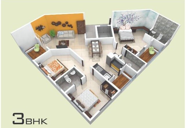 Floor plan of 3 BHK 955 Sq. Ft. Apartment in Panchwadkar Vitthalsai, Pune