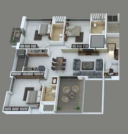 Floor plan of 3 BHK 1052 Sq. Ft. Apartment in Pandit Javdekar Anjali, Pune