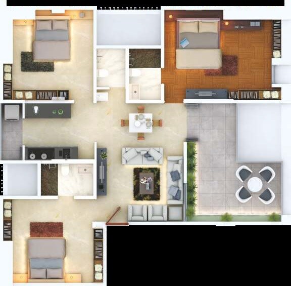 Floor plan of 3 BHK 1300 Sq. Ft. Apartment in Pandit Javdekar Cassia, Pune