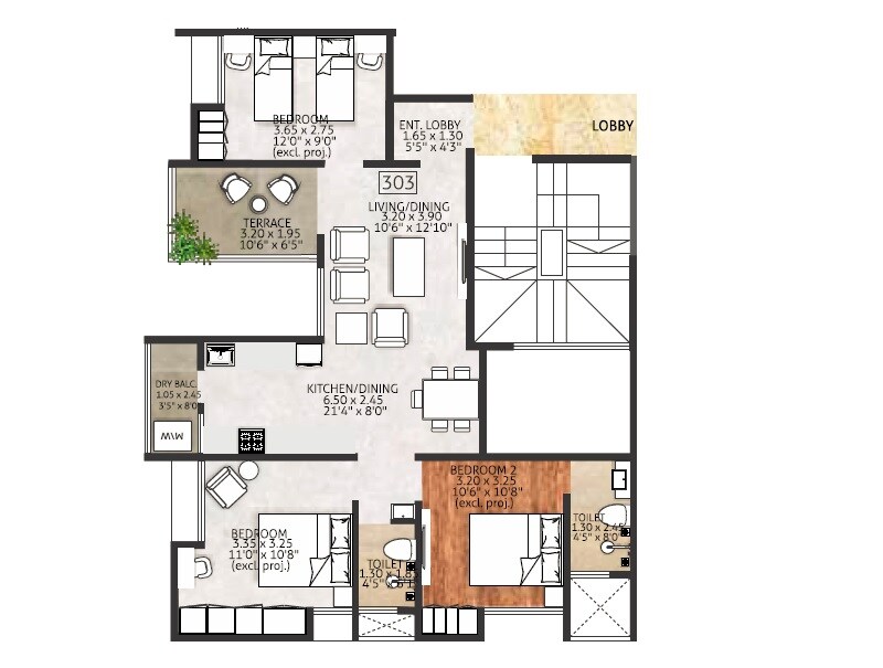 Floor plan of 3 BHK 1128 Sq. Ft. Apartment in Pandit Javdekar Matoshri Sulbha, Pune