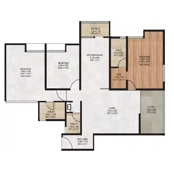 Floor plan of 3 BHK 1253 Sq. Ft. Apartment in Pandit Javdekar Matoshri Sulbha, Pune