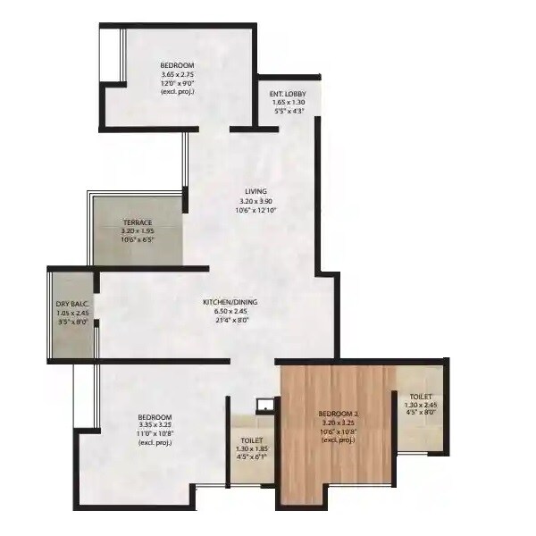Floor plan of 3 BHK 815 Sq. Ft. Apartment in Pandit Javdekar Matoshri Sulbha, Pune
