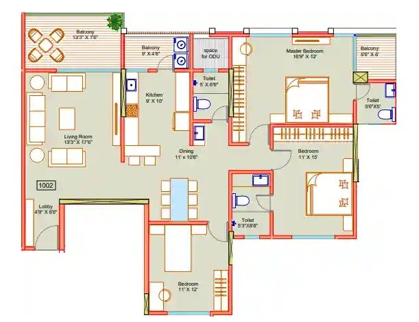 Floor plan of 3 BHK 1225 Sq. Ft. Apartment in Pandit Javdekar Nawal, Pune
