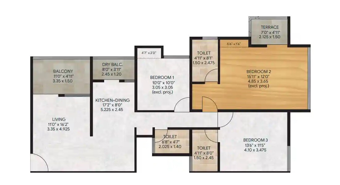 Floor plan of 3 BHK 966 Sq. Ft. Apartment in Pandit Javdekar Pasaayadan, Pune