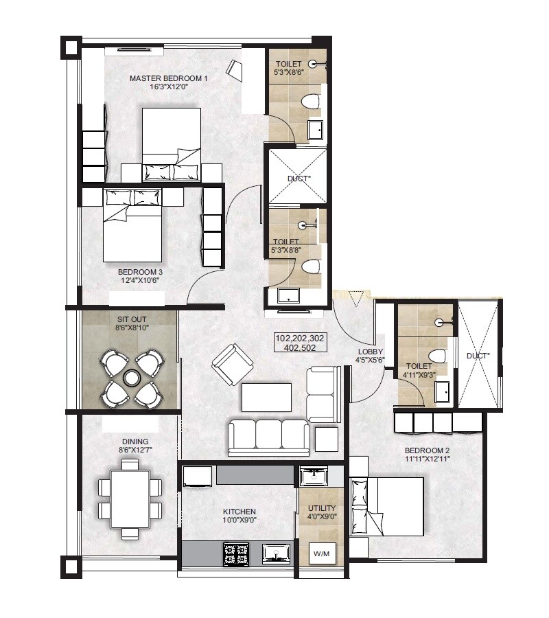 Floor plan of 3 BHK 1257 Sq. Ft. Apartment in Pandit Javdekar Sheela Ashish, Pune