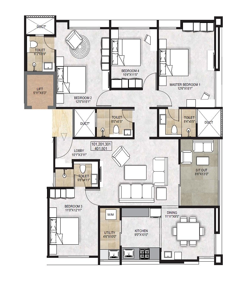 Floor plan of 4 BHK 1593 Sq. Ft. Apartment in Pandit Javdekar Sheela Ashish, Pune