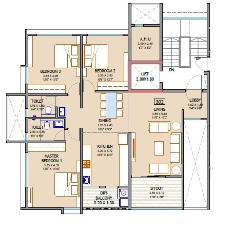 Floor plan of 3 BHK 1287 Sq. Ft. Apartment in Pandit Javdekar Suryoday, Pune