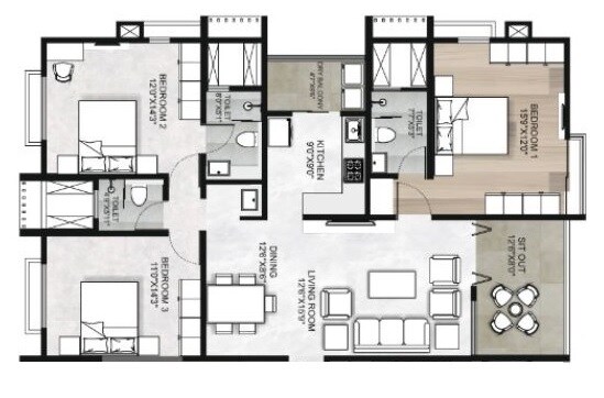 Floor plan of 3 BHK 1319 Sq. Ft. Apartment in Pandit Javdekar Toran, Pune