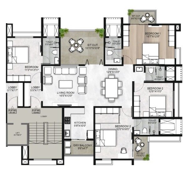 Floor plan of 4 BHK 1494 Sq. Ft. Apartment in Pandit Javdekar Toran, Pune