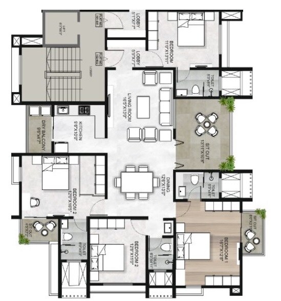 Floor plan of 4 BHK 1762 Sq. Ft. Apartment in Pandit Javdekar Toran, Pune