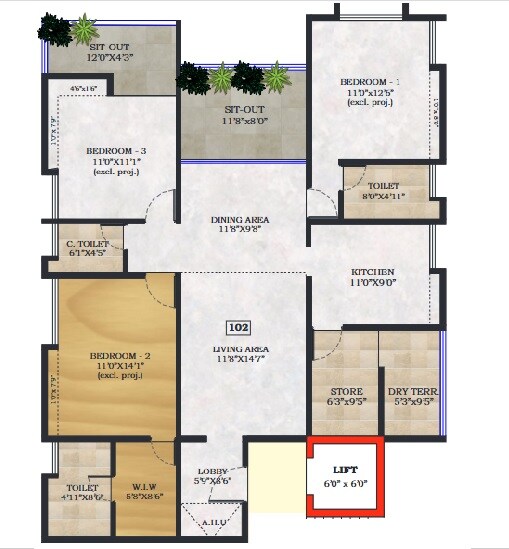 Floor plan of 3 BHK 1109 Sq. Ft. Apartment in Pandit Neelprabha, Pune