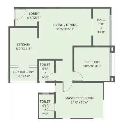Floor plan of 2 BHK 805 Sq. Ft. Apartment in Pankaj Mangal Kalash, Pune