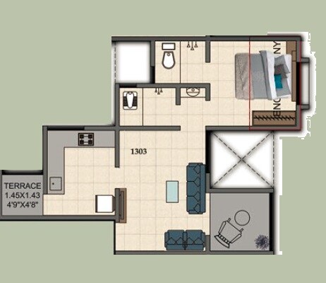 Floor plan of 1 BHK 540 Sq. Ft. Apartment in Pantheon Acorn Park Phase 1, Pune