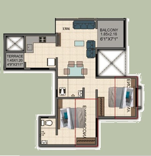 Floor plan of 2 BHK 727 Sq. Ft. Apartment in Pantheon Acorn Park Phase 1, Pune