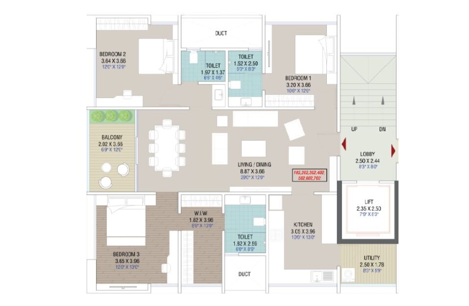 Floor plan of 3 BHK 1257 Sq. Ft. Apartment in Param Jalasampada, Pune