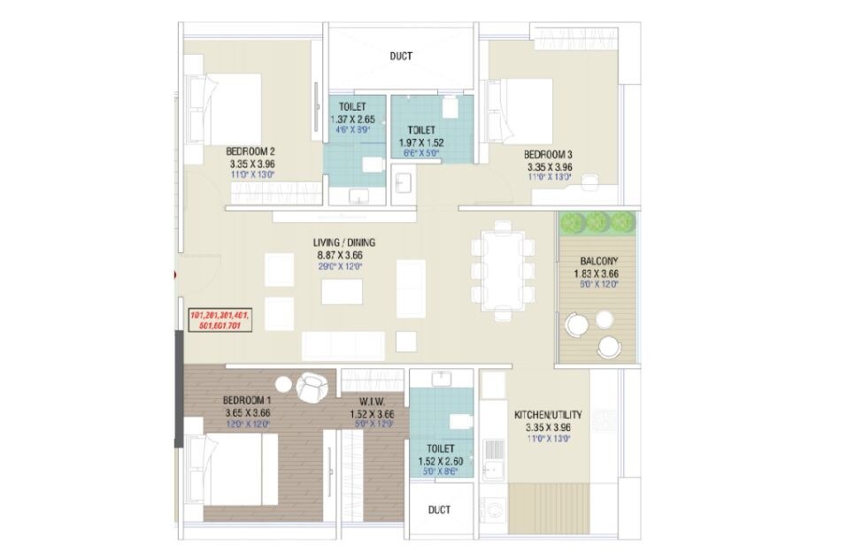 Floor plan of 3 BHK 1330 Sq. Ft. Apartment in Param Jalasampada, Pune