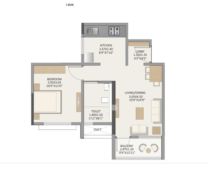 Floor plan of 1 BHK 493 Sq. Ft. Apartment in Paranjape Athashri Ananda, Pune
