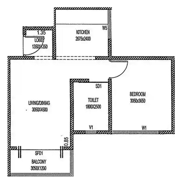 Floor plan of 1 BHK 522 Sq. Ft. Apartment in Paranjape Athashri Ananda, Pune