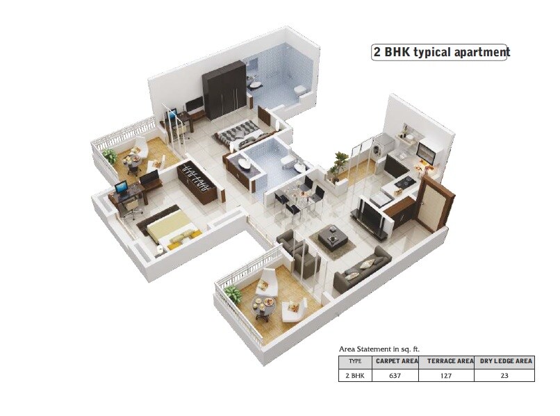 2 BHK 637 Sq. Ft. Apartment