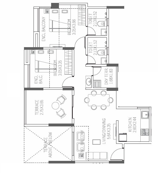 Floor plan of 2 BHK 395 Sq. Ft. Apartment in Paranjape Azure, Pune