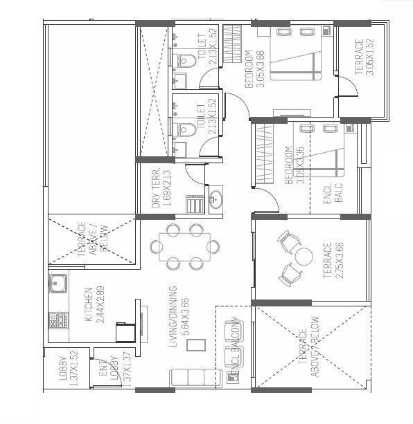 Floor plan of 2 BHK 624 Sq. Ft. Apartment in Paranjape Azure, Pune