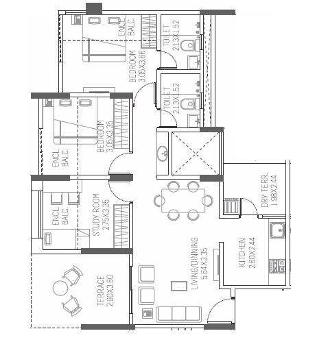 Floor plan of 3 BHK 627 Sq. Ft. Apartment in Paranjape Azure, Pune
