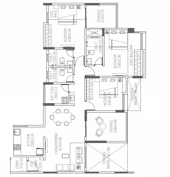 Floor plan of 3 BHK 870 Sq. Ft. Apartment in Paranjape Azure, Pune