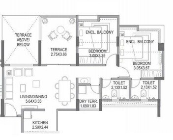 Floor plan of 2 BHK 688 Sq. Ft. Apartment in Paranjape Azure Aster G and H, Pune