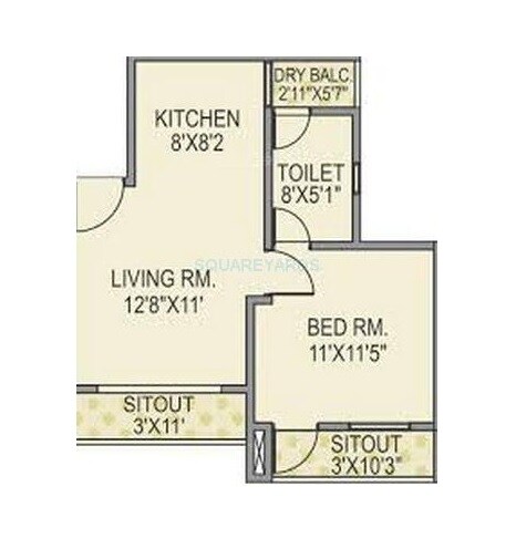 Floor plan of 1 BHK 395 Sq. Ft. Apartment in Paranjape Blue Ridge, Pune