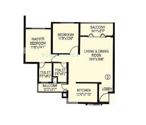 Floor plan of 2 BHK 799 Sq. Ft. Apartment in Paranjape Blue Ridge, Pune