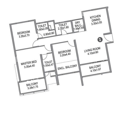 Floor plan of 3 BHK 1350 Sq. Ft. Apartment in Paranjape Blue Ridge, Pune