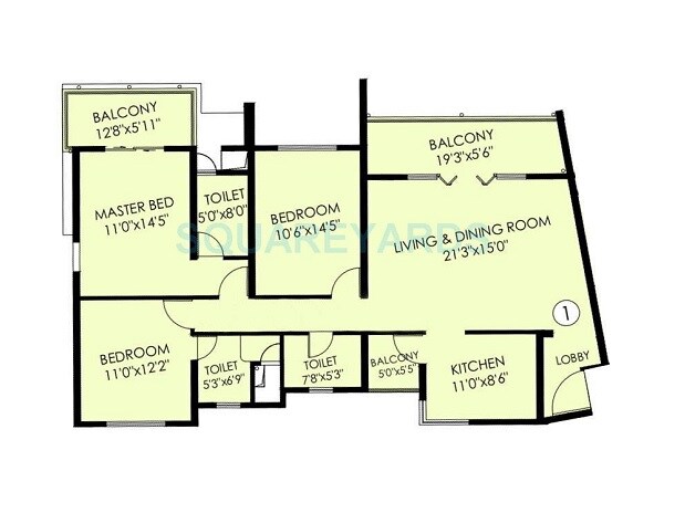 Floor plan of 3 BHK 1380 Sq. Ft. Apartment in Paranjape Blue Ridge, Pune
