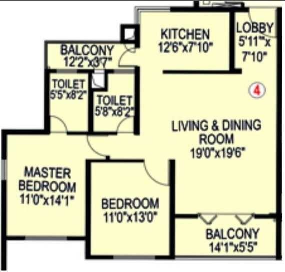Floor plan of 2 BHK 689 Sq. Ft. Apartment in Paranjape Blue Ridge Phase 3, Pune