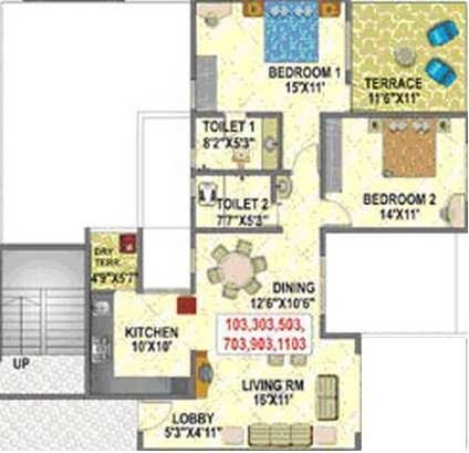 Floor plan of 2 BHK 875 Sq. Ft. Apartment in Paranjape Camellia Apartment, Pune