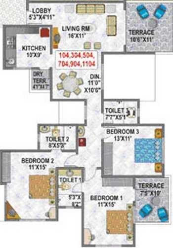 Floor plan of 3 BHK 1800 Sq. Ft. Apartment in Paranjape Camellia Apartment, Pune