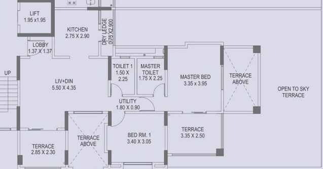 Floor plan of 2 BHK 900 Sq. Ft. Apartment in Paranjape Crystal Tower, Pune