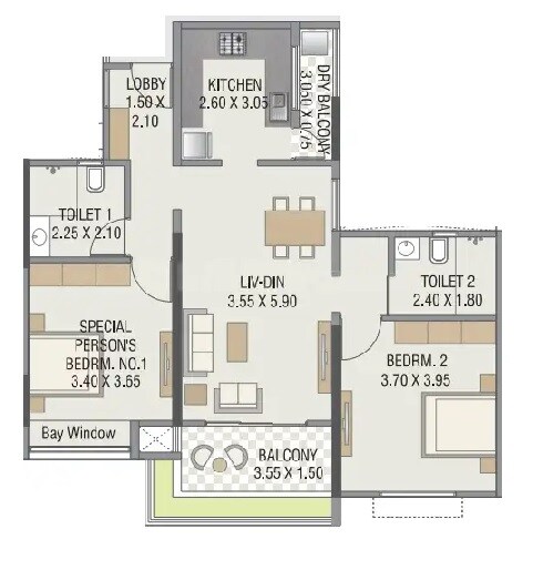 Floor plan of 2 BHK 814 Sq. Ft. Apartment in Paranjape Forest Trails Swaniketan, Pune