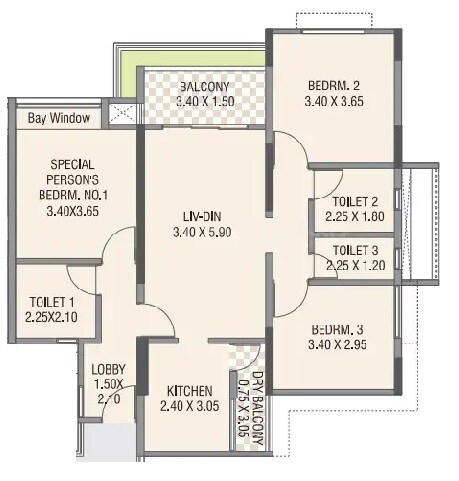 Floor plan of 3 BHK 971 Sq. Ft. Apartment in Paranjape Forest Trails Swaniketan, Pune