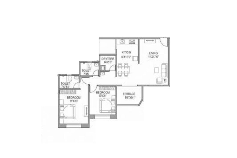 Floor plan of 2 BHK 746 Sq. Ft. Apartment in Paranjape Gloria Grand, Pune