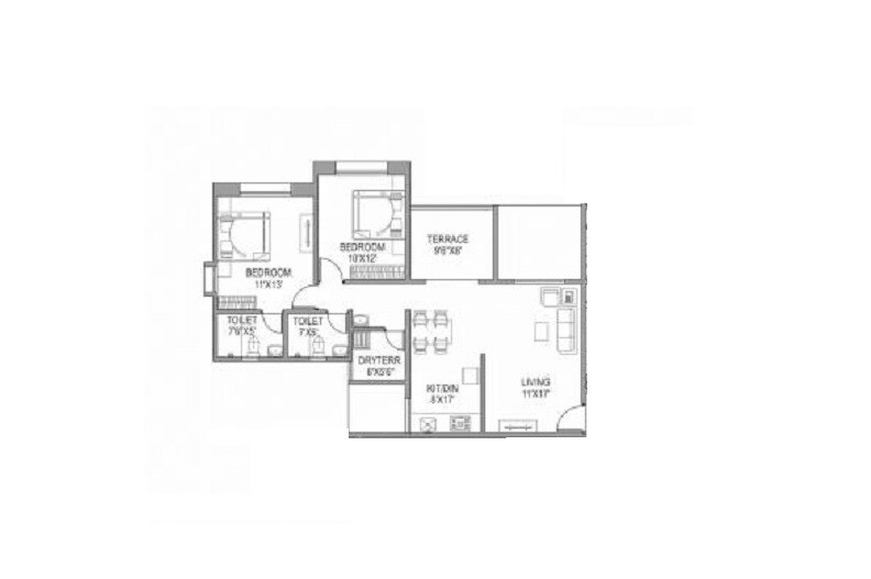 Floor plan of 2 BHK 872 Sq. Ft. Apartment in Paranjape Gloria Grand, Pune