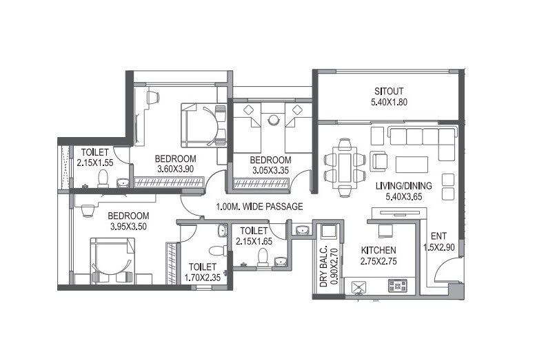 Floor plan of 3 BHK 1076 Sq. Ft. Apartment in Paranjape Gloria Grand, Pune
