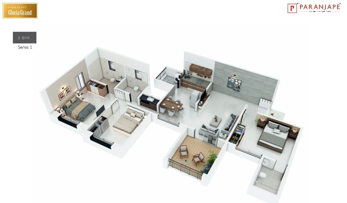 Floor plan of 3 BHK 969 Sq. Ft. Apartment in Paranjape Gloria Grand, Pune