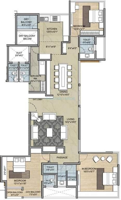 Floor plan of 3 BHK 1500 Sq. Ft. Apartment in Paranjape Punarvasu, Pune