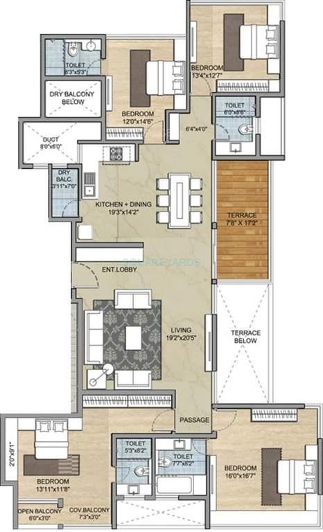 Floor plan of 4 BHK 1849 Sq. Ft. Apartment in Paranjape Punarvasu, Pune