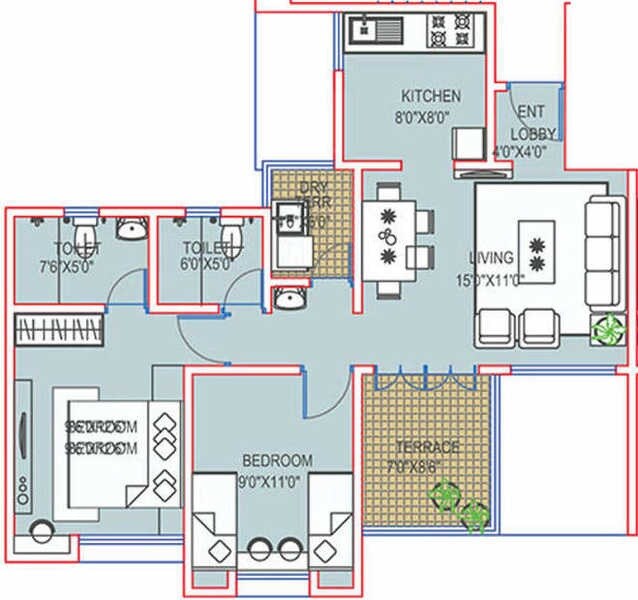 Floor plan of 2 BHK 545 Sq. Ft. Apartment in Paranjape Richmond Park, Pune