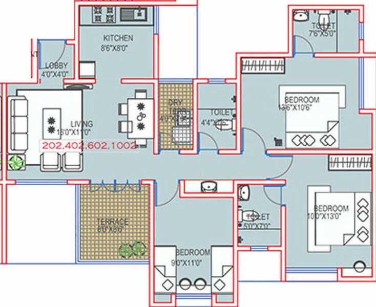 Floor plan of 3 BHK 649 Sq. Ft. Apartment in Paranjape Richmond Park, Pune