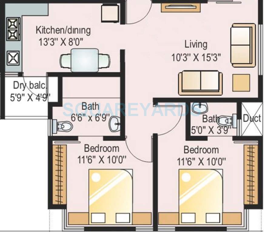 Floor plan of 2 BHK 925 Sq. Ft. Apartment in Paranjape Schemes Athashri Pune, Pune