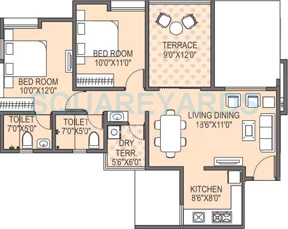Floor plan of 2 BHK 1175 Sq. Ft. Apartment in Paranjape Schemes Azure, Pune