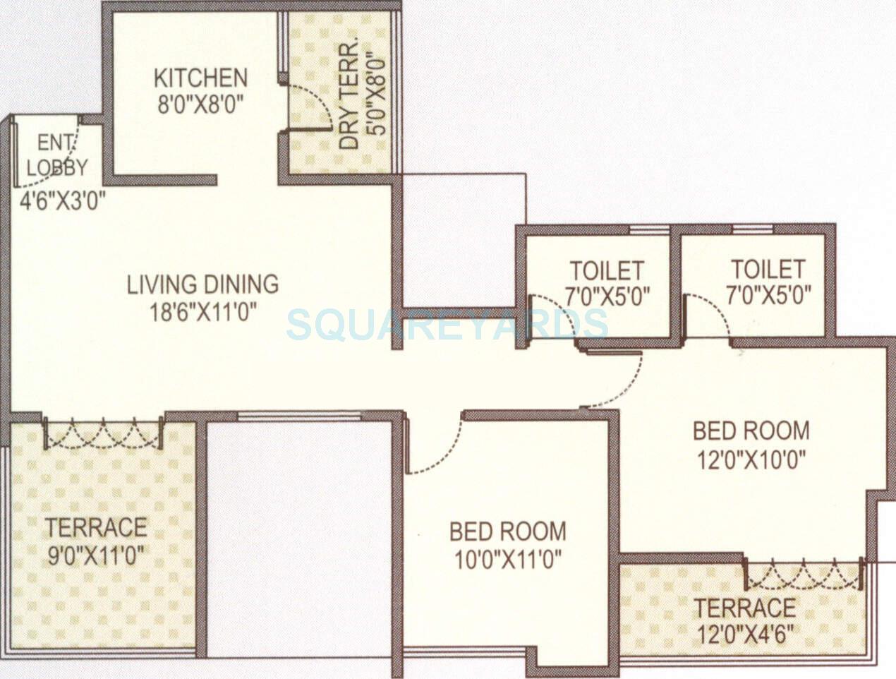 Floor plan of 2 BHK 1024 Sq. Ft. Apartment in Paranjape Schemes Azure, Pune
